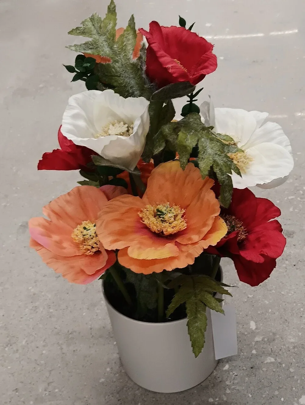 Artificial Poppy Floral Arrangement in White Vase - Orange, Red & White